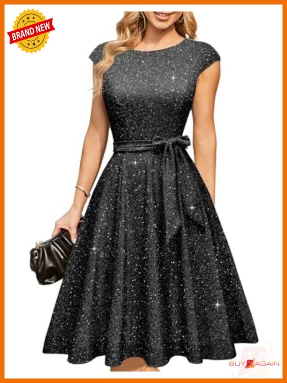 Sequin Cocktail Midi Dress Cap Sleeve A-Line Formal Wedding Guest